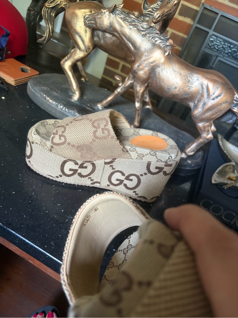 Gucci Brown & Beige Monogram Platform Slides - Picture 4 of 4